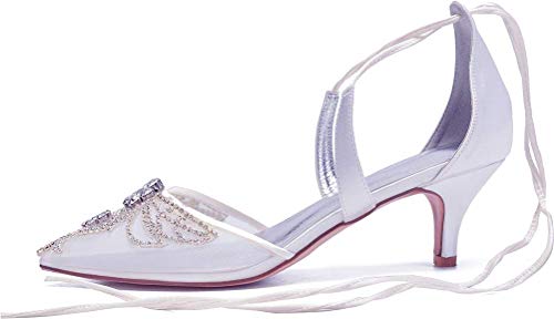 Sandalias de Mujer con tacón de Gatito y Punta Puntiaguda, para Boda, Fiesta, Novia, Trabajo, Correas al Tobillo, Color Blanco, Talla 37 1/3 EU