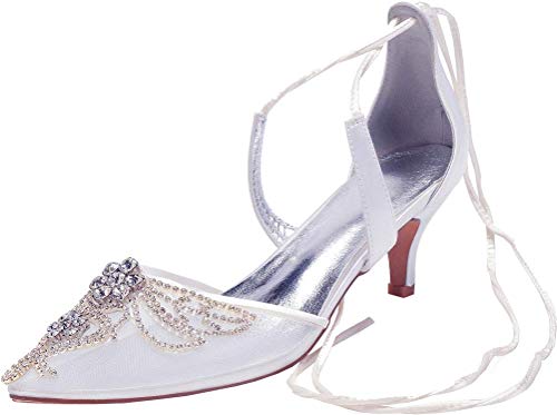 Sandalias de Mujer con tacón de Gatito y Punta Puntiaguda, para Boda, Fiesta, Novia, Trabajo, Correas al Tobillo, Color Blanco, Talla 37 1/3 EU