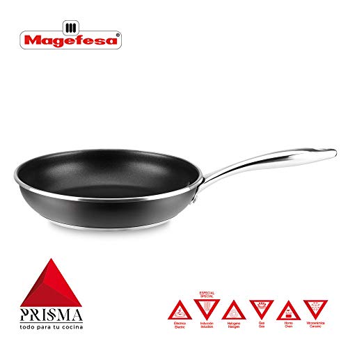 SARTÉN MAGEFESA PRISMA. Sartén fabricada en acero inoxidable 18/10, antiadherente triple capa, apta para todo tipo de cocina, INDUCCIÓN. Fácil Limpieza. Apto para lavavajillas y horno. (SARTEN, 28_cm)