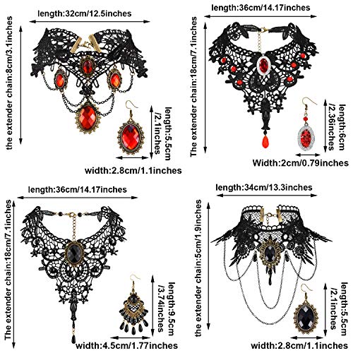 Set de 4 Piezas Pendientes Gargantilla de Disfraz de Vampiro de Halloween con 4 Colmillos, Gargantilla Colgante de Lolita Gótica Roja Joyas para Halloween Vampiro Victoriano, Disfraz y Boda