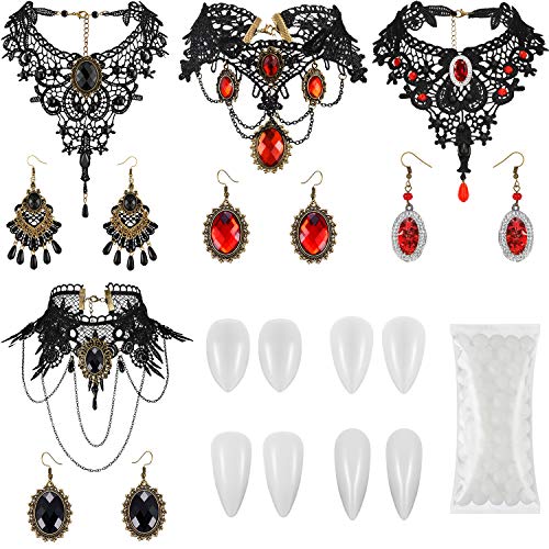 Set de 4 Piezas Pendientes Gargantilla de Disfraz de Vampiro de Halloween con 4 Colmillos, Gargantilla Colgante de Lolita Gótica Roja Joyas para Halloween Vampiro Victoriano, Disfraz y Boda