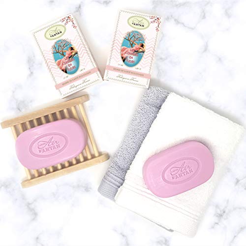 Set De Accesorios De Baño Y Jabones/Un Air D'Antan®/ 2 Jabones Franceses Con Flores De Cerezo Y Fresia 2x 100g, 2 Toallas Para Manos, 1 Jabonera. Regalos Para Mujer/Bolsa De Yute/Regalo Original