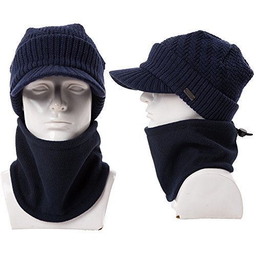 Siggi - Comhats - Conjunto de gorro y bufanda, gorro de punto con visera, de lana, para el invierno, bufanda, de forro polar, braga de cuello, para hombres Azul 69311_Azul Marino M