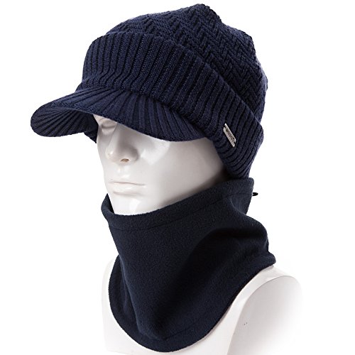 Siggi - Comhats - Conjunto de gorro y bufanda, gorro de punto con visera, de lana, para el invierno, bufanda, de forro polar, braga de cuello, para hombres Azul 69311_Azul Marino M