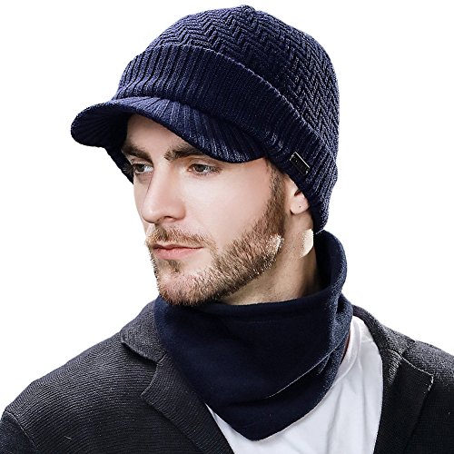 Siggi - Comhats - Conjunto de gorro y bufanda, gorro de punto con visera, de lana, para el invierno, bufanda, de forro polar, braga de cuello, para hombres Azul 69311_Azul Marino M