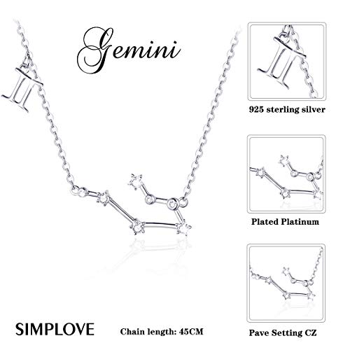 SIMPLOVE Plata de Ley 925 Mujer Collares 12 Constelaciones Colgantes Signos Astrológicos Zodiacos para el Cumpleaños Día de la Madre Joyas de Regalo 16.5"+1.2"