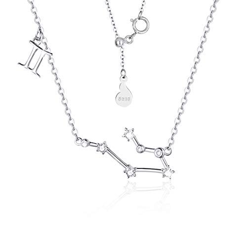 SIMPLOVE Plata de Ley 925 Mujer Collares 12 Constelaciones Colgantes Signos Astrológicos Zodiacos para el Cumpleaños Día de la Madre Joyas de Regalo 16.5"+1.2"