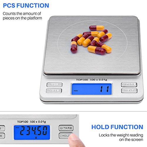 Smart Weigh TOP500 - Báscula de bolsillo digital Pro con pantalla LCD, función de retención, capacidad de 500 x 0.01g
