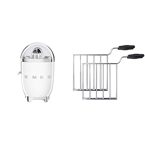 Smeg cjf01wheu exprimidor, Plástico, Blanco + Rejilla para Hacer sándwiches, Accesorio de de tostadora TSSR01, Metal, 2 Ranuras, cromo/negro