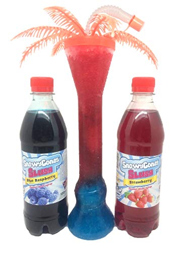 Snowycones, jarabe de lechuza, cachorro Slush Puppie, 2 x 500 ml de frambuesa azul y fresa (1 copa de palmera) para casa para hacer granizados, hielo triturado, hace 7 litros de salchicha