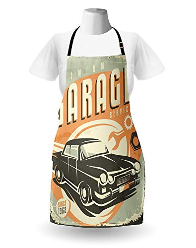 Soefipok Man Cave Delantal, diseño Retro Promocional Auto Mechanic Car Service Estilo Concepto nostálgico Vehículo, Unisex Kitchen Bib Delantal con Cuello Ajustable para cocinar Hornear Jardinería