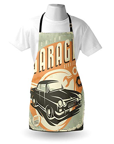 Soefipok Man Cave Delantal, diseño Retro Promocional Auto Mechanic Car Service Estilo Concepto nostálgico Vehículo, Unisex Kitchen Bib Delantal con Cuello Ajustable para cocinar Hornear Jardinería