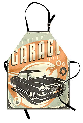 Soefipok Man Cave Delantal, diseño Retro Promocional Auto Mechanic Car Service Estilo Concepto nostálgico Vehículo, Unisex Kitchen Bib Delantal con Cuello Ajustable para cocinar Hornear Jardinería