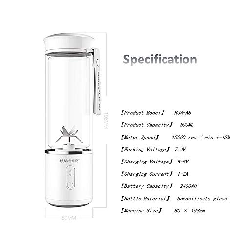 SOFIT Licuadora Portátil, Vidrio Mini Batidora Exprimidor Eléctrico Extractor de Vaso, Fruta, Verdura, Smoothies, Milkshake, Recargable con USB, Para Turismo, Deportes,Libre de BPA, 500ml (Blanco)