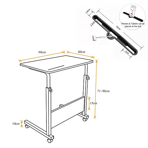 sogesfurniture Mesa Portátil Ordenador Ajustable con Ruedas, 80 * 40cm Sofá Mesa Mesas de Centro, con Ranura para Tableta, Arce Blanco 05#3-80MP-BH