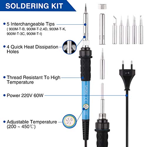 Soldadores de Estaño 24 Piezas, WOWGO 60W Kit Soldador Eléctrica con 5 Puntas, Temperatura Ajustable, Multímetro Digital, Soporte, Alambre de Soldadura, Bomba de Desoldar, Bolsa de Herramientas etc