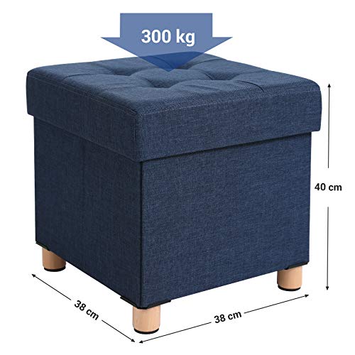 SONGMICS Banco Otomano de Almacenamiento, Asiento Plegable Acolchado, Cofre con Tapa, Patas de Madera Maciza, Ahorra espacio, Carga Máxima 300 kg, para Dormitorio y Pasillo, Azul Marino LSF14IN