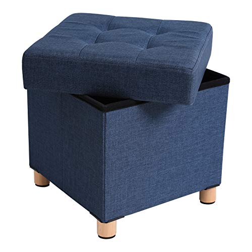 SONGMICS Banco Otomano de Almacenamiento, Asiento Plegable Acolchado, Cofre con Tapa, Patas de Madera Maciza, Ahorra espacio, Carga Máxima 300 kg, para Dormitorio y Pasillo, Azul Marino LSF14IN