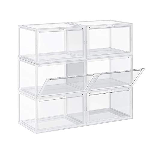 SONGMICS Cajas de Zapatos, Paquete de 6, Organizadores de Zapatos Apilables con Puerta Transparente, Zapatería de Plástico, Talla 46, 36 x 28 x 22 cm, Transparente LSP06CW