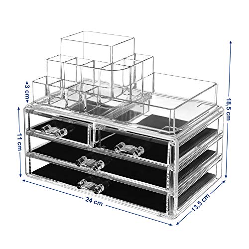 SONGMICS – Cajones organizadores acrílicos para Almacenamiento de cosméticos, 24 x 13,5 x 18,5 cm, 2 Niveles, 4 cajones Grandes