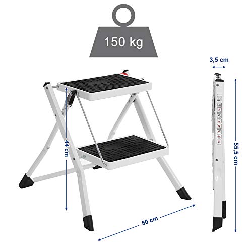 SONGMICS Escalerilla, Escalera Plegable Robusto 2 peldaños, con Asa Altura de trabajo aprox. 235 cm, Hasta 150 kg, certificado por TÜV Rheinland de acuerdo con el estándar EN14183 GSL02WT