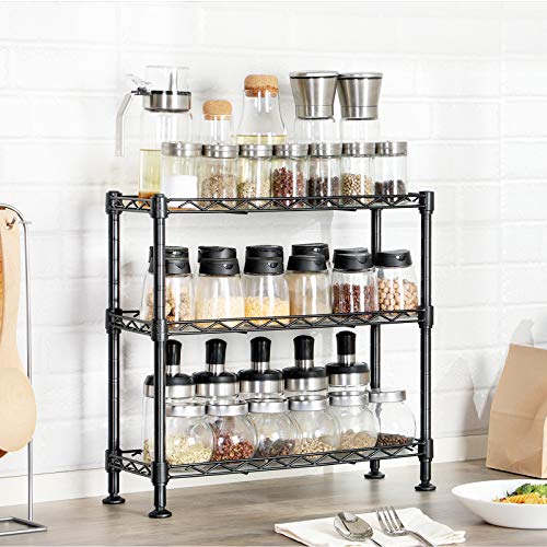 SONGMICS Estantería para Cocina, Organizador para Especias de 3 Niveles, Estantes de PP Ajustables, para Botellas y Latas, 40 x 15 x 39,5 cm, Negro LGR025B01