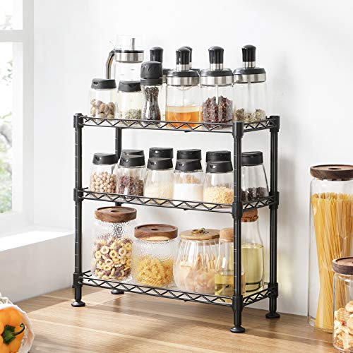 SONGMICS Estantería para Cocina, Organizador para Especias de 3 Niveles, Estantes de PP Ajustables, para Botellas y Latas, 40 x 15 x 39,5 cm, Negro LGR025B01