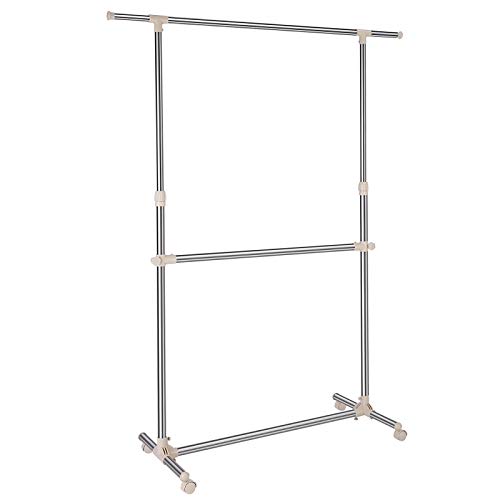 SONGMICS Perchero de Altura Ajustable, Soporte de Rieles Colgantes Extensibles con Riel Central, Tubo Revestido de Acero Inoxidable, (101-166) x 49 x (113-198) cm, Color Plata y Bronceado LLR04LB