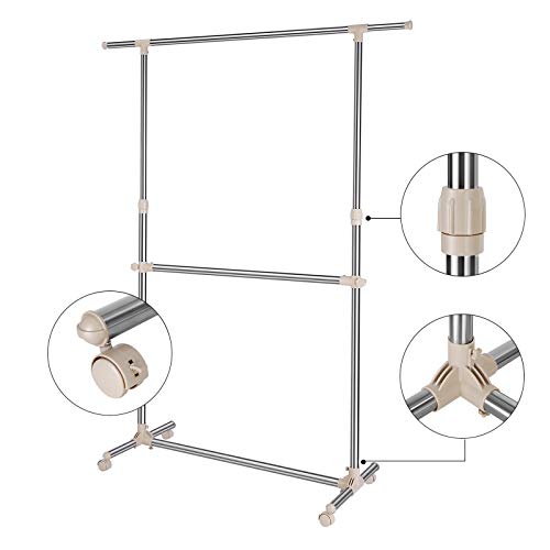 SONGMICS Perchero de Altura Ajustable, Soporte de Rieles Colgantes Extensibles con Riel Central, Tubo Revestido de Acero Inoxidable, (101-166) x 49 x (113-198) cm, Color Plata y Bronceado LLR04LB