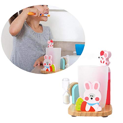 Sostenedor Del Soporte De Adorable Pasta De Dientes Cepillo De Dientes Con La Copa Y 3 Minutos De Reloj De Arena De Succión Base De Baño De Madera Encimera Soporte Para Niños Multicolor Conejo Estilo