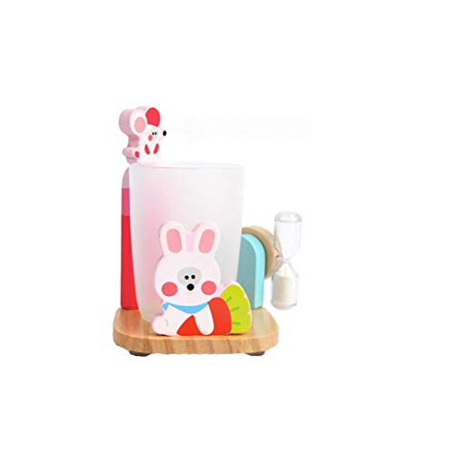 Sostenedor Del Soporte De Adorable Pasta De Dientes Cepillo De Dientes Con La Copa Y 3 Minutos De Reloj De Arena De Succión Base De Baño De Madera Encimera Soporte Para Niños Multicolor Conejo Estilo