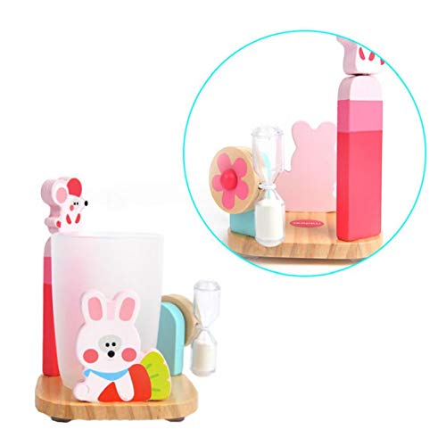 Sostenedor Del Soporte De Adorable Pasta De Dientes Cepillo De Dientes Con La Copa Y 3 Minutos De Reloj De Arena De Succión Base De Baño De Madera Encimera Soporte Para Niños Multicolor Conejo Estilo