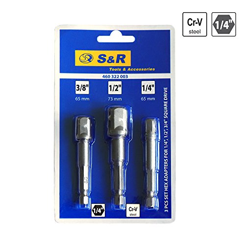 S&R Adaptadores Hexagonales Llaves de vaso a cuadrado 1/4", 1/2" 3/8 para taladros y destornilladores (1. Gris 3 pzas)