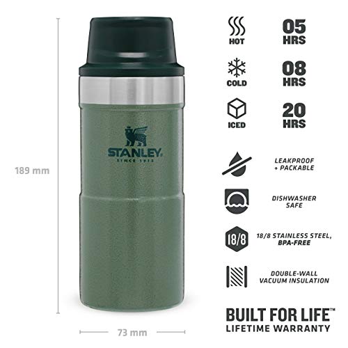 Stanley The Legendary Classic Vacuum Trigger-Action Travel Mug .35L Hammertone Green 18/8 Stainless Steel Double-Wall Vacuum Insulation Water Bottle Leakproof Dishwasher Safe Naturally Bpa-Free