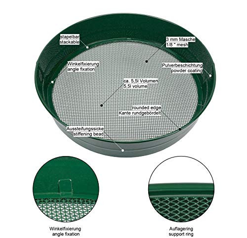 Sterico Tamiz de jardín con Diferentes tamaños de Malla | Tamiz Redondo de 33cm Ø | Criba de Tierra para Semillas, Tierra, Compost, Piedras, Hierbas, Grava | Apilable | Robusto | Antioxidable (3 mm)