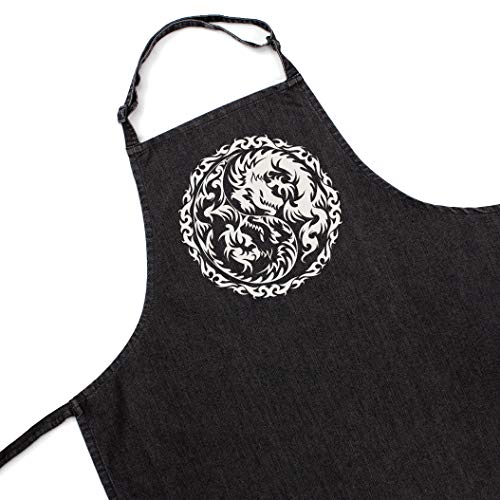 Strand Clothing delantal japonés de longitud completa para cocinar, talla única, para hombres y mujeres, Yin Yang Dragones, Mezclilla negra., talla única