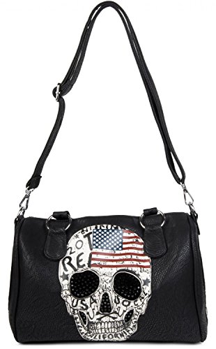 styleBREAKER Bolso de Mano Estilo Bolera con diseño de EE.UU, Calavera y estrás Negro, Bolso de Mano, señora 02012051, Color:Negro