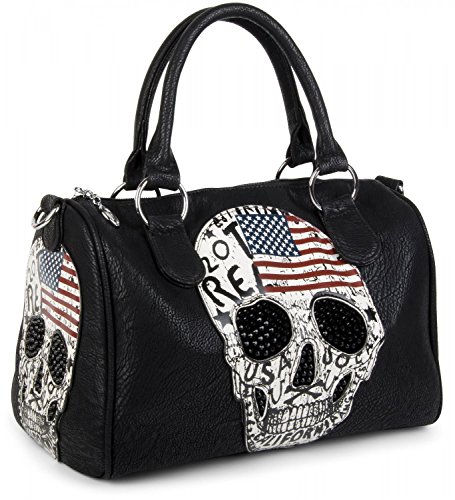 styleBREAKER Bolso de Mano Estilo Bolera con diseño de EE.UU, Calavera y estrás Negro, Bolso de Mano, señora 02012051, Color:Negro