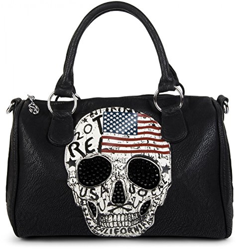 styleBREAKER Bolso de Mano Estilo Bolera con diseño de EE.UU, Calavera y estrás Negro, Bolso de Mano, señora 02012051, Color:Negro