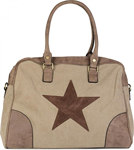 styleBREAKER Bolso de Tela, Bolso de Tipo «Shopper» con Estrella Cosida, Aplicaciones de Cuero Artificial, Bolso de Hombro, Bolso de Bandolera, señora 02012083, Color:Caqui