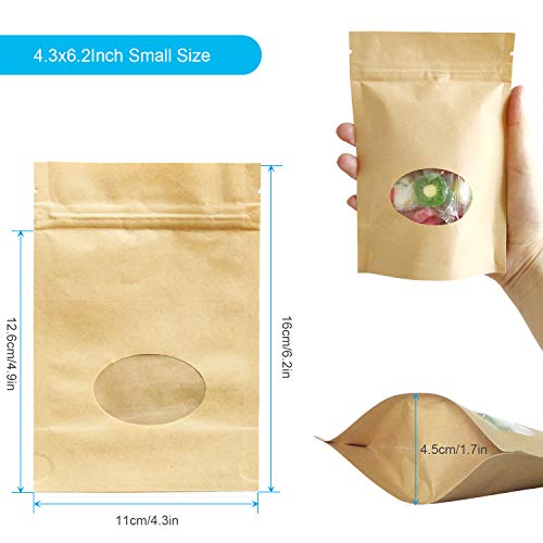 SumDirect 50Pcs bolsa con cierre Zip kraft bolsa de papel reutilizable con ventana transparente del lacre para guardar, galleta, alimentos secados, aperitivos (11 x 16 cm)