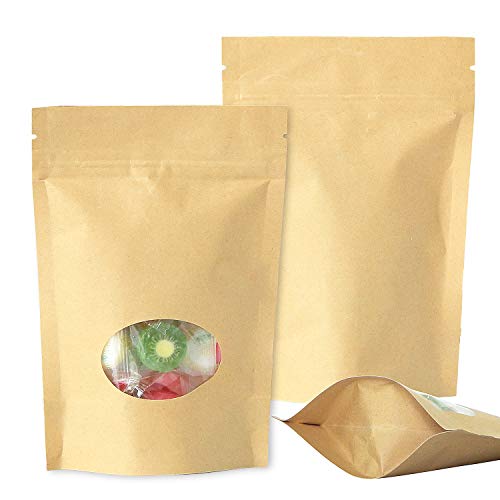 SumDirect 50Pcs bolsa con cierre Zip kraft bolsa de papel reutilizable con ventana transparente del lacre para guardar, galleta, alimentos secados, aperitivos (11 x 16 cm)