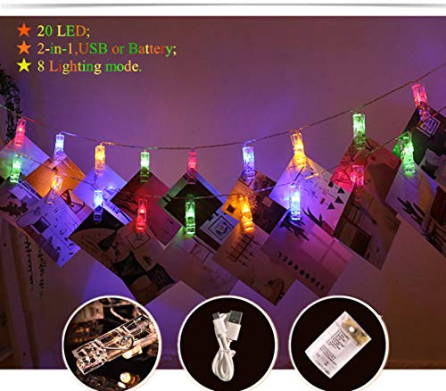 Sunboia foto Clip cadena de luces, String Luz 20LEDs Foto Clips RGB, 2,2 metri / 7,21 torte, ideale per foto colgar, notas, Memo y de arte-Multicolor