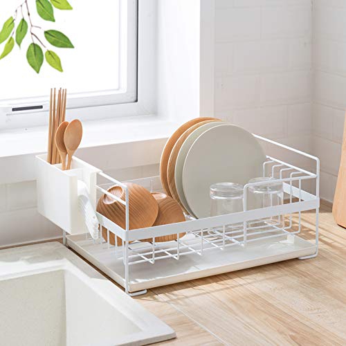 Sunficon escurridor de platos de cocina con bandeja de goteo y soporte para utensilios, elegante y bien hecho, set de 3 piezas, color blanco