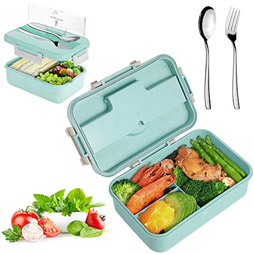 Sunshine smile Caja de Bento con 3 Compartimentos,microondas y lavavajillas Lunch Box,Bento Box para Niños,Fambrera Infantil,Caja de Almuerzo de Plástico,Fiambreras Bento(Verde 1)