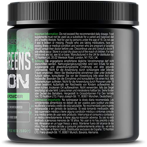 Super Greens Demon - Contiene Verduras y Superalimentos, Apto para Veganos y Vegetarianos, Polvo de Superalimentos Preparado en el Reino Unido (250g, 50 Raciones)