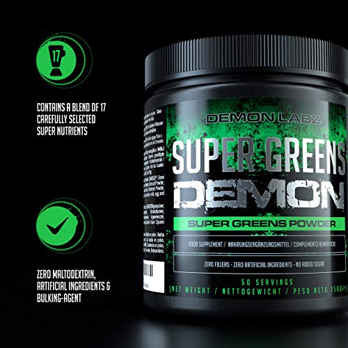 Super Greens Demon - Contiene Verduras y Superalimentos, Apto para Veganos y Vegetarianos, Polvo de Superalimentos Preparado en el Reino Unido (250g, 50 Raciones)