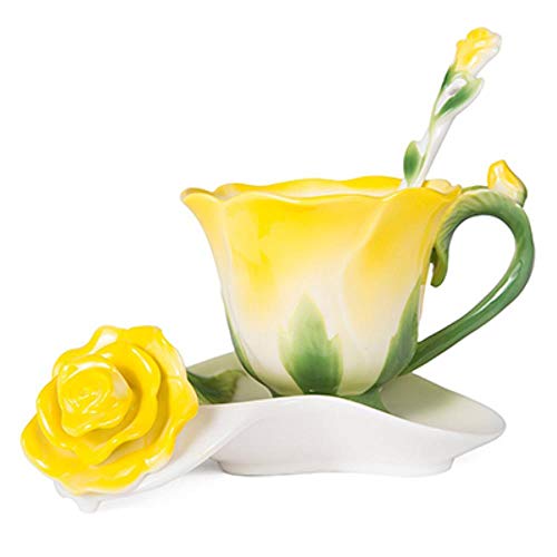 SUXIAO El Mejor Esmalte de Flores en Forma de Rosa 3D Taza de té de café de cerámica y Cuchara de platillo Taza de Porcelana de Alto Grado Diseño Creativo de Regalo de San Valentín, Amarillo