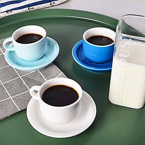 Sweejar Juego de taza y platillo de porcelana, tazas apilables Demitasse con soporte de metal, 2.5 oz para Latte, Cafe, Cafe, Moca, Tea, Juego de 6 multicolor