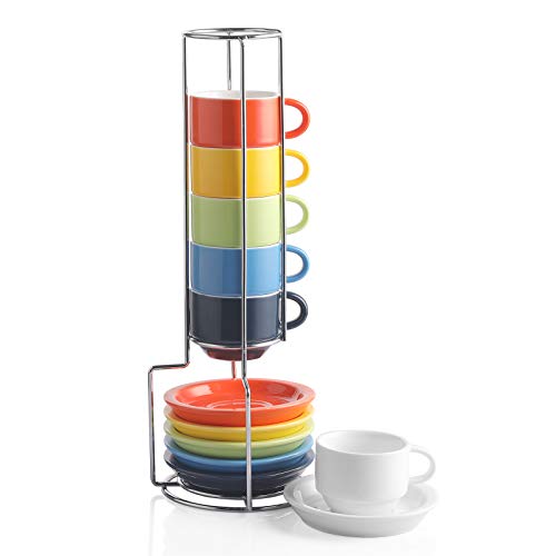 Sweejar Juego de taza y platillo de porcelana, tazas apilables Demitasse con soporte de metal, 2.5 oz para Latte, Cafe, Cafe, Moca, Tea, Juego de 6 multicolor